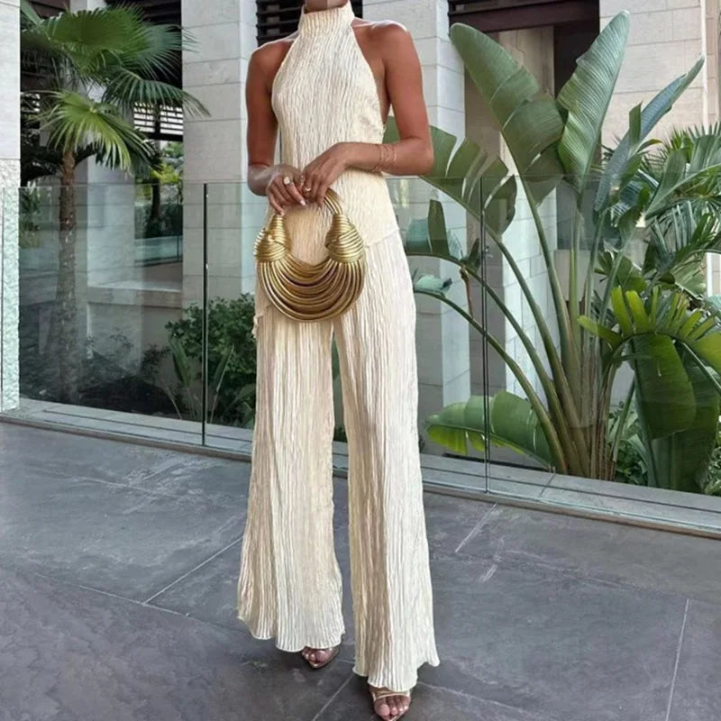 Elegant Sleeveless Halter Crop Top & Wide‑Leg Pants Set Beige Outfit Sets