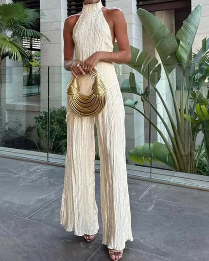 Elegant Sleeveless Halter Crop Top & Wide‑Leg Pants Set Beige Outfit Sets