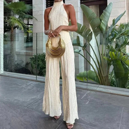 Elegant Sleeveless Halter Crop Top & Wide‑Leg Pants Set Beige Outfit Sets