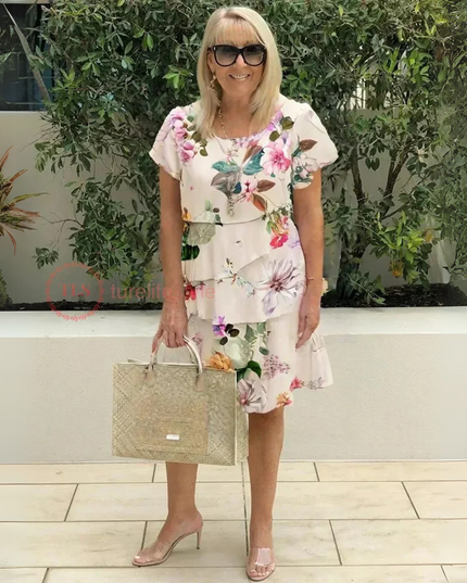 Lillian | Floral Comfort Dress Beige Dresses