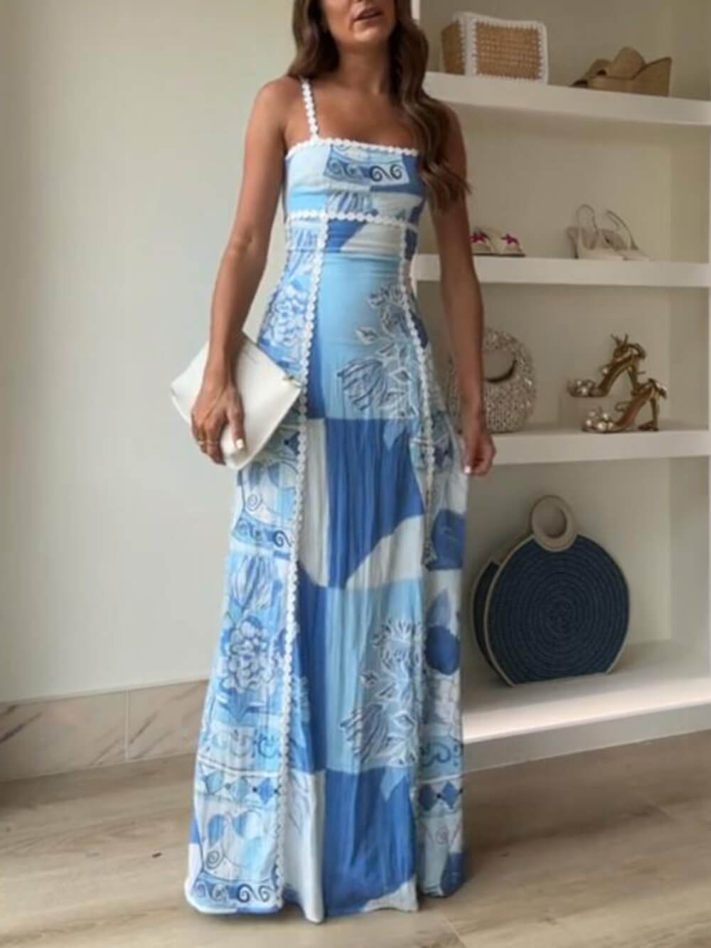 Halter Straps Lace Patchwork Printed Back Tie Halter Flare Maxi Dresses Dresses