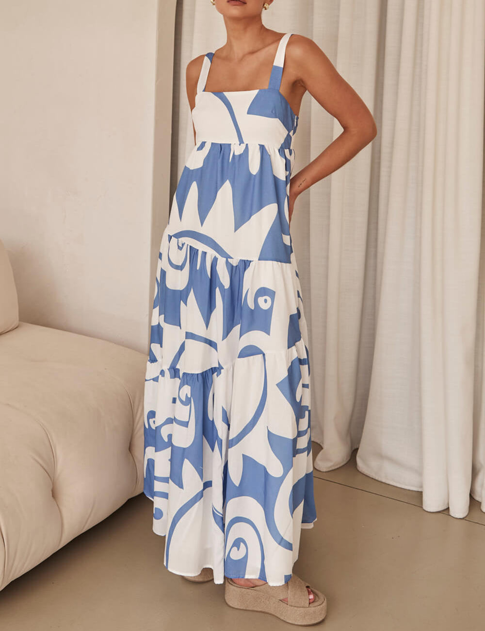 Enchanting Geometric Print Maxi Dress Blue Dresses