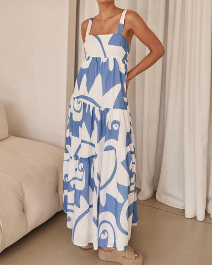 Enchanting Geometric Print Maxi Dress Blue Dresses