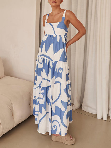 Enchanting Geometric Print Maxi Dress Blue Dresses