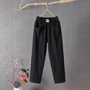 Casual Cotton Linen Trousers with Elasticated Waist Black