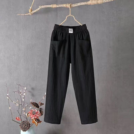 Casual Cotton Linen Trousers with Elasticated Waist Black