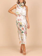 Halter Neck Floral Elastic Waist Maxi Dress Dresses