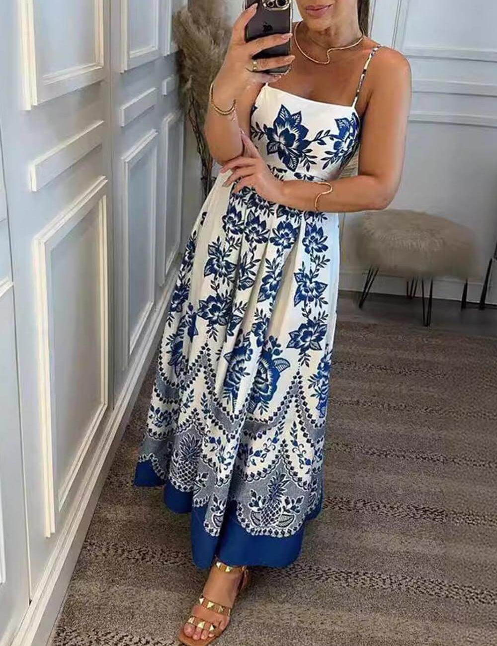 Ethnic Floral Print Back Smocked Loose Midi Dress Dresses