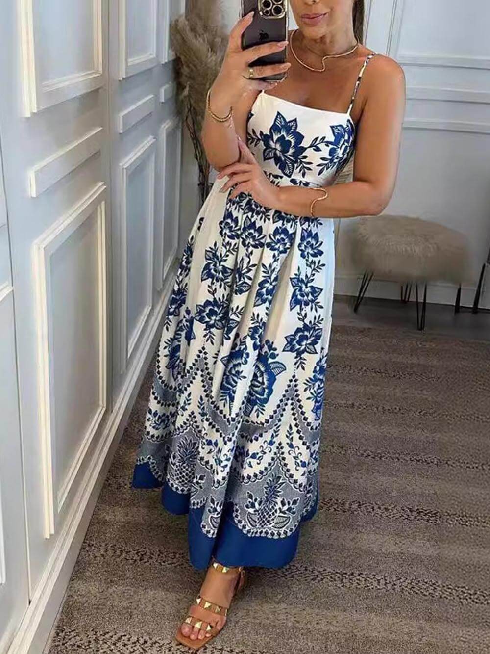 Ethnic Floral Print Back Smocked Loose Midi Dress Dresses
