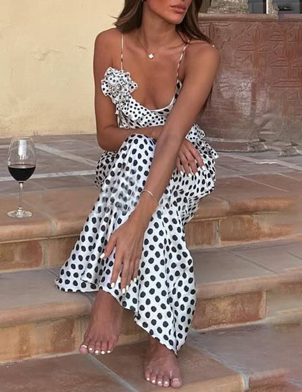 Polka Dot Print Fantasy Guipure Ruffled Suspender Maxi Dress Dresses