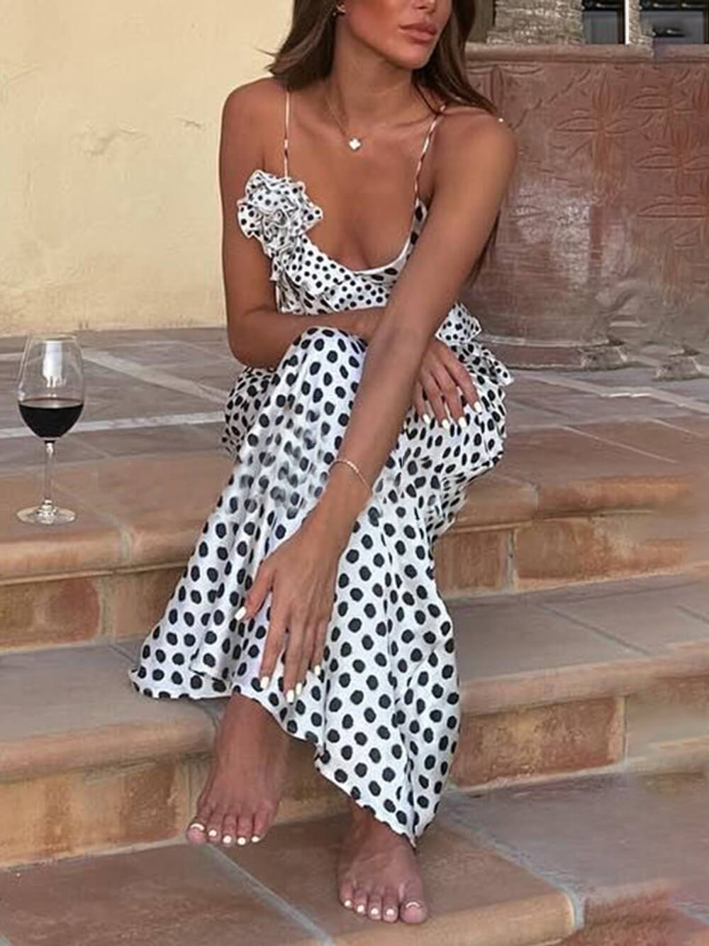 Polka Dot Print Fantasy Guipure Ruffled Suspender Maxi Dress Dresses