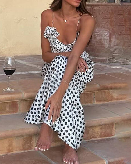Polka Dot Print Fantasy Guipure Ruffled Suspender Maxi Dress Dresses