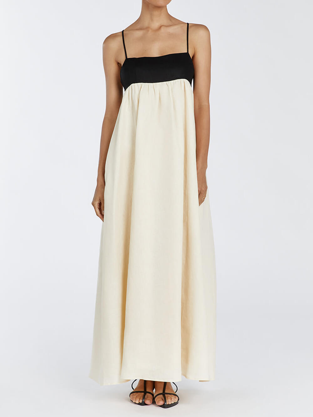 Black And White Loose Suspender Patchwork Maxi Dress Ivory Dresses
