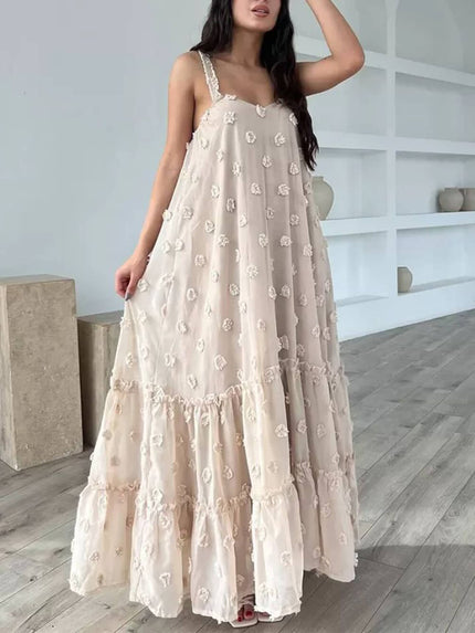 Flower Decor Pretty A-Line Layered Loose Maxi Dress Apricot Dresses