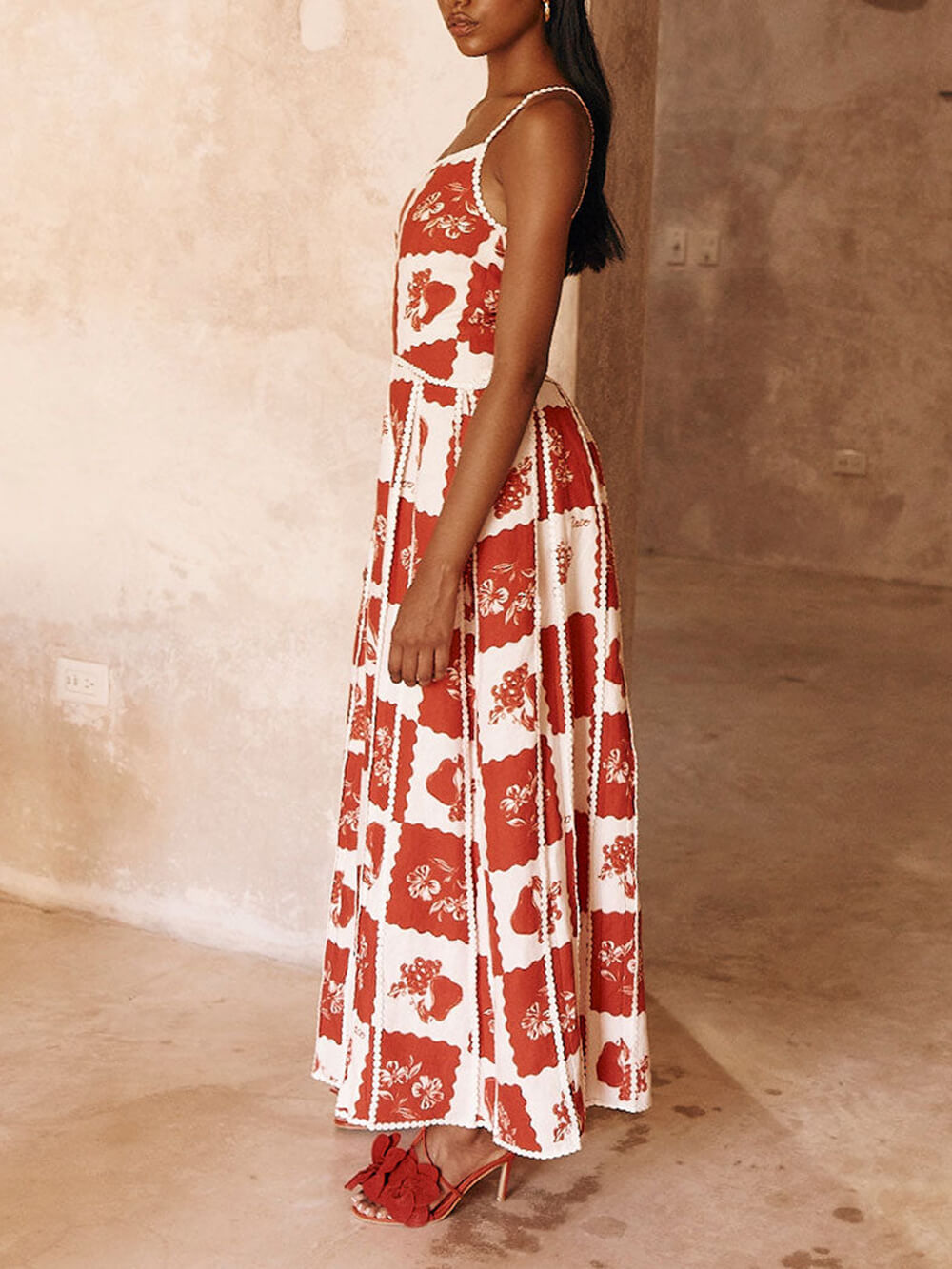 Unique Printed Floral Trim One Shoulder Flared Maxi Dress Dresses