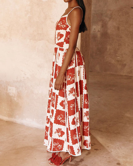 Unique Printed Floral Trim One Shoulder Flared Maxi Dress Dresses