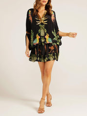Unique Drop Shoulder Sleeve Coconut Tree Printed Dress Dresses