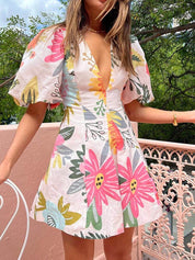 Puff Sleeve Floral Print Pocketed Mini Dress Dresses