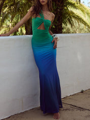 Ombre Marine Asymmetric Neck Evening Gown Maxi Dress Green Dresses