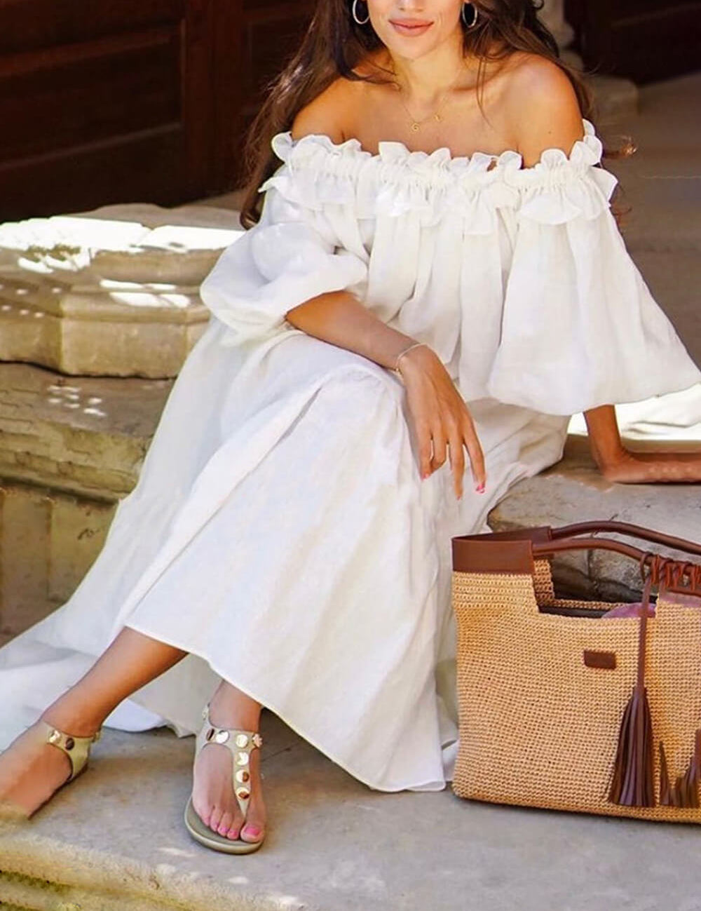 Ruffle Off Shoulder Puff Sleeve Pocketed Midi Dress White Dresses