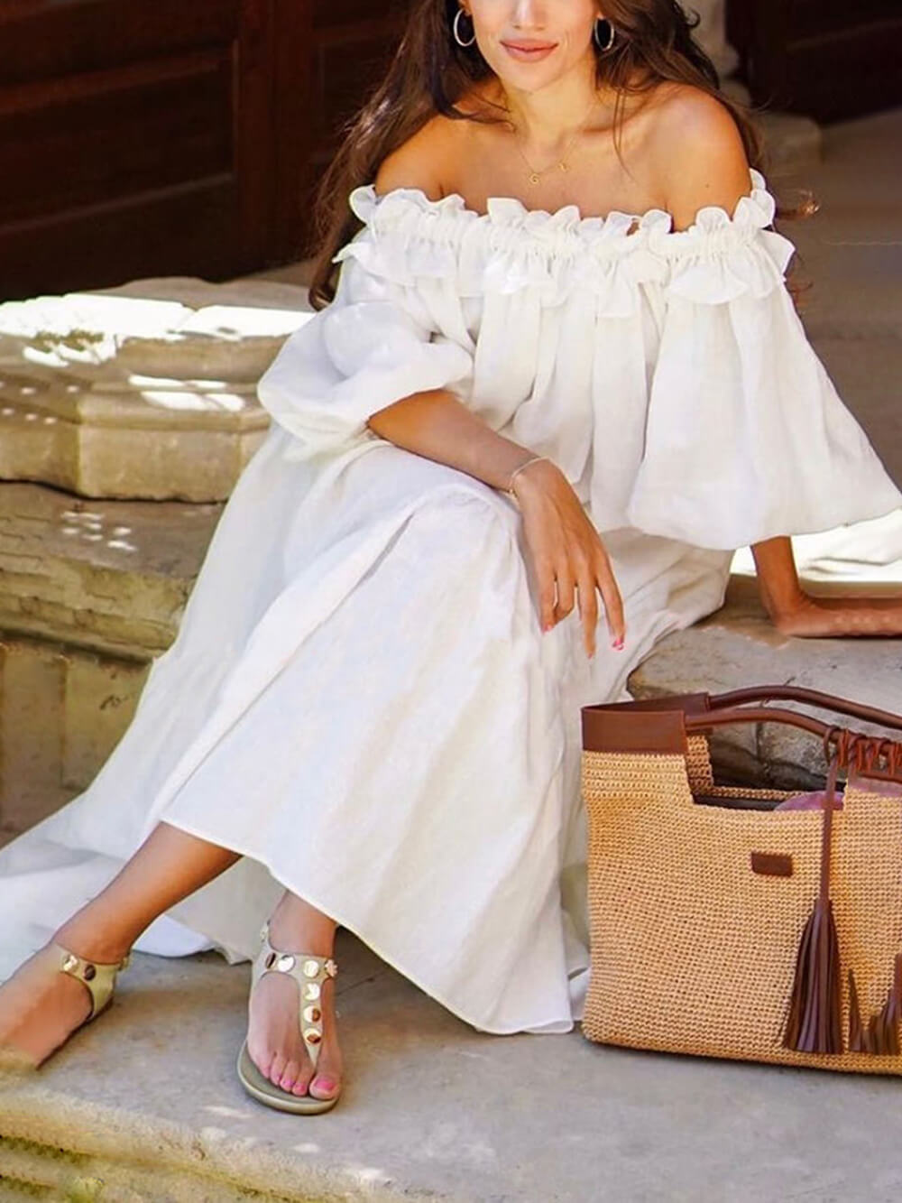Ruffle Off Shoulder Puff Sleeve Pocketed Midi Dress White Dresses