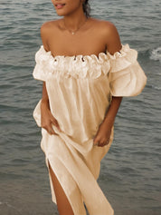 Ruffle Off Shoulder Puff Sleeve Pocketed Midi Dress Beige Dresses