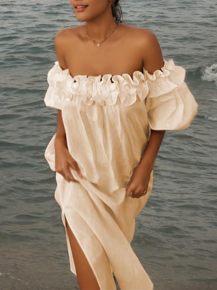 Ruffle Off Shoulder Puff Sleeve Pocketed Midi Dress Beige Dresses