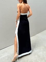 Halter Neck Slit Color Block Maxi Dress Dresses