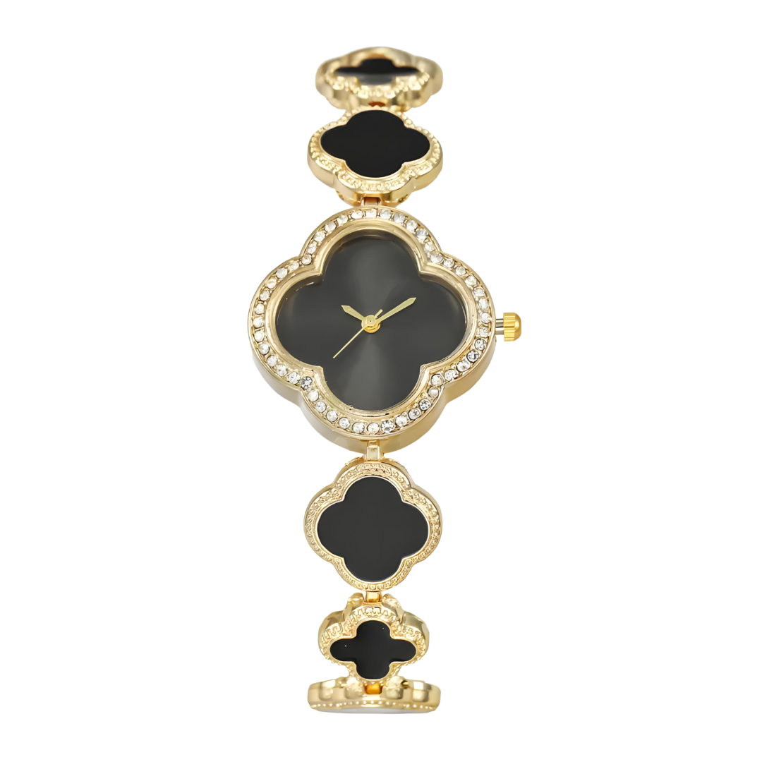 Lucky Clover Sparkle Watch Elegant Black Bracelets