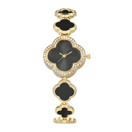 Lucky Clover Sparkle Watch Elegant Black Bracelets