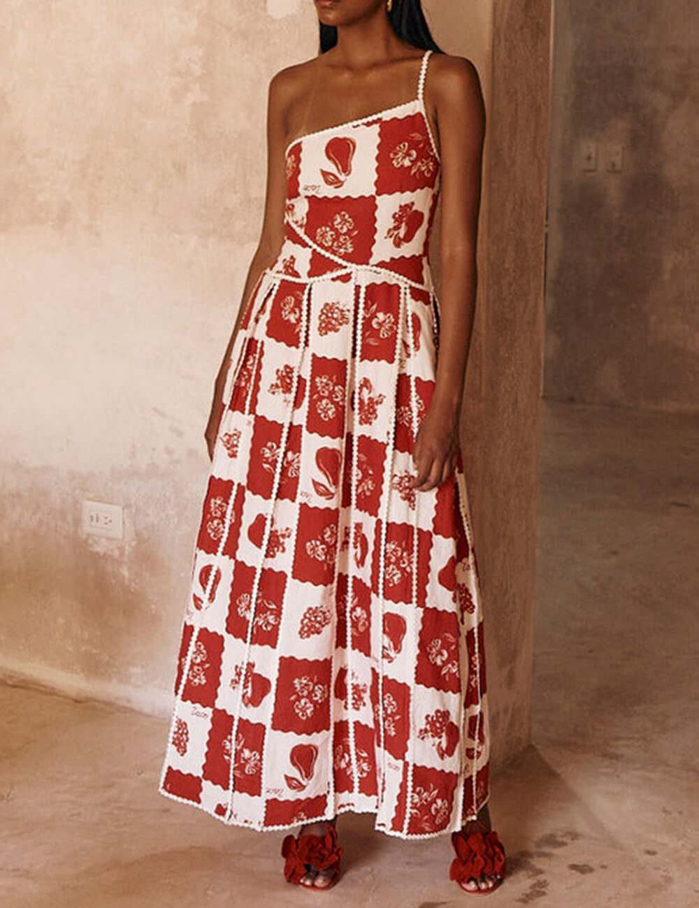 Unique Printed Floral Trim One Shoulder Flared Maxi Dress Red Dresses