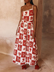 Unique Printed Floral Trim One Shoulder Flared Maxi Dress Red Dresses