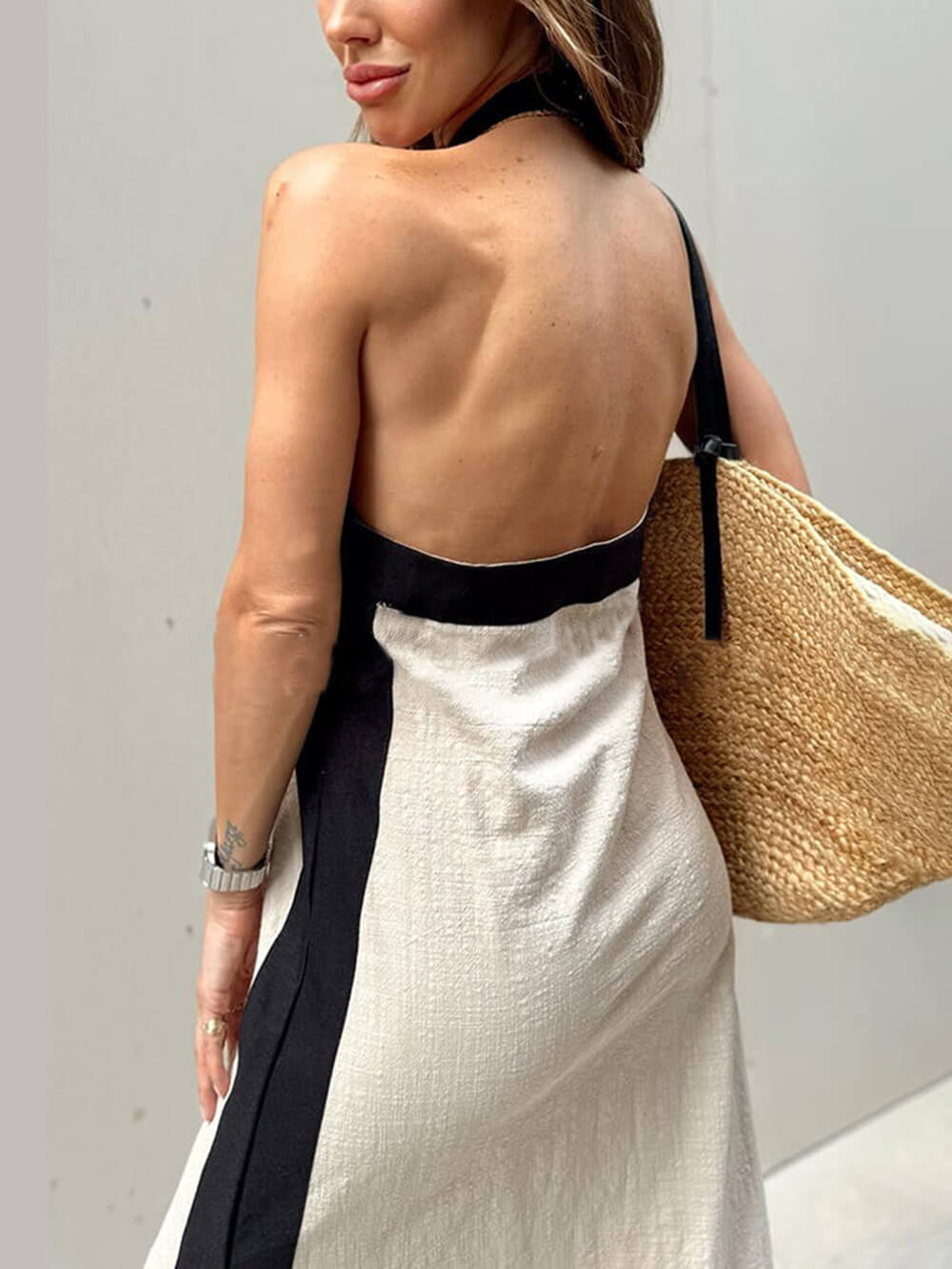 Halter Neck Slit Color Block Maxi Dress Dresses