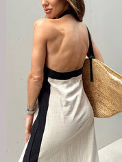 Halter Neck Slit Color Block Maxi Dress Dresses