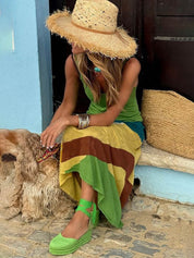 Unique Color Block Stitching Print Backless Slim Fit Maxi Dress Dresses