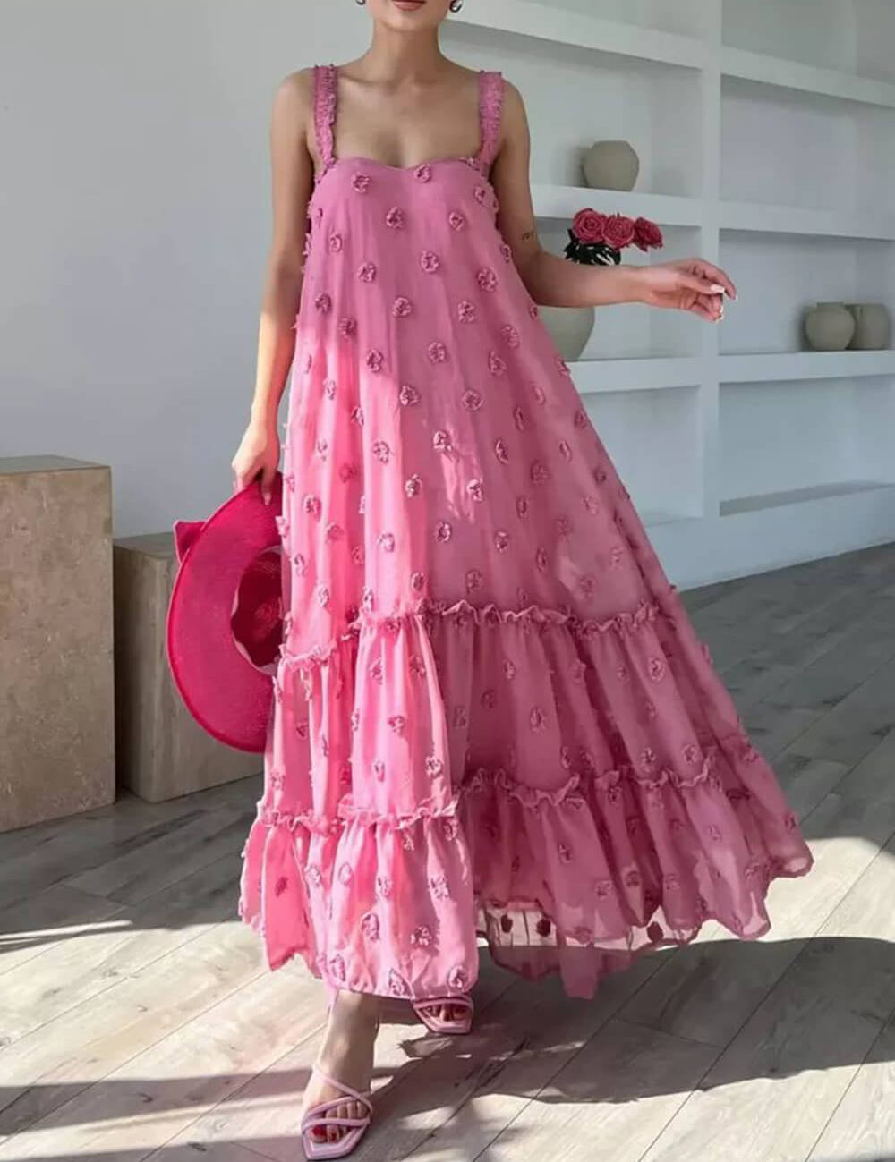 Flower Decor Pretty A-Line Layered Loose Maxi Dress Pink Dresses