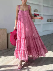 Flower Decor Pretty A-Line Layered Loose Maxi Dress Pink Dresses