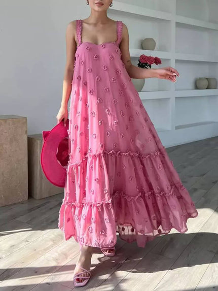 Flower Decor Pretty A-Line Layered Loose Maxi Dress Pink Dresses