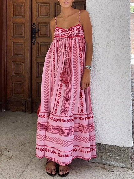 Crochet Patchwork Ethnic Style Knitted Slip Maxi Dress Pink Dresses