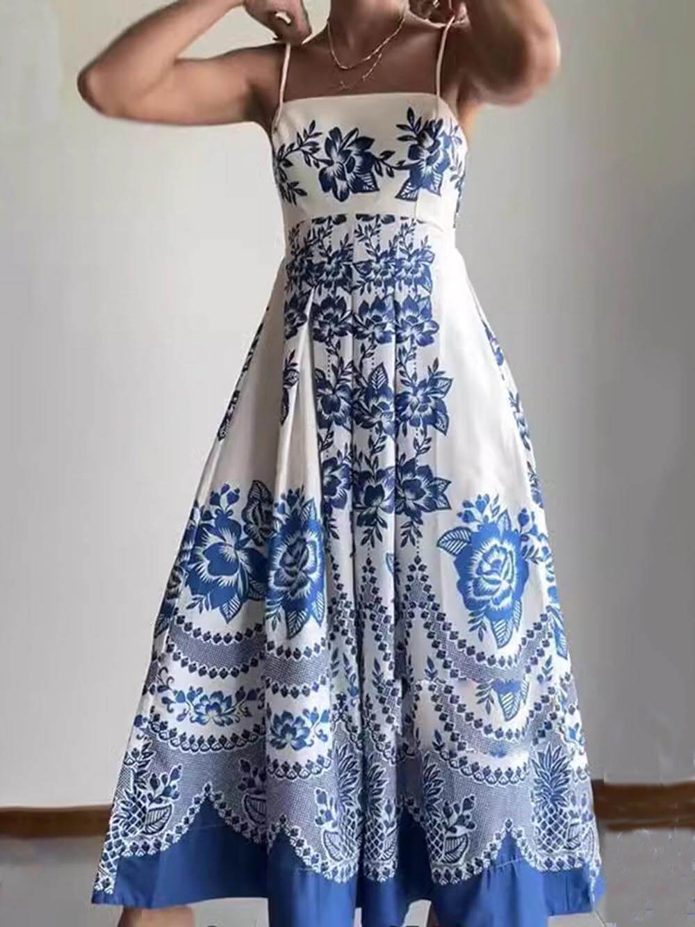 Ethnic Floral Print Back Smocked Loose Midi Dress Dresses