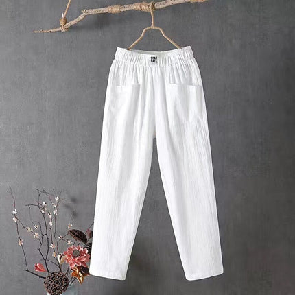 Casual Cotton Linen Trousers with Elasticated Waist White