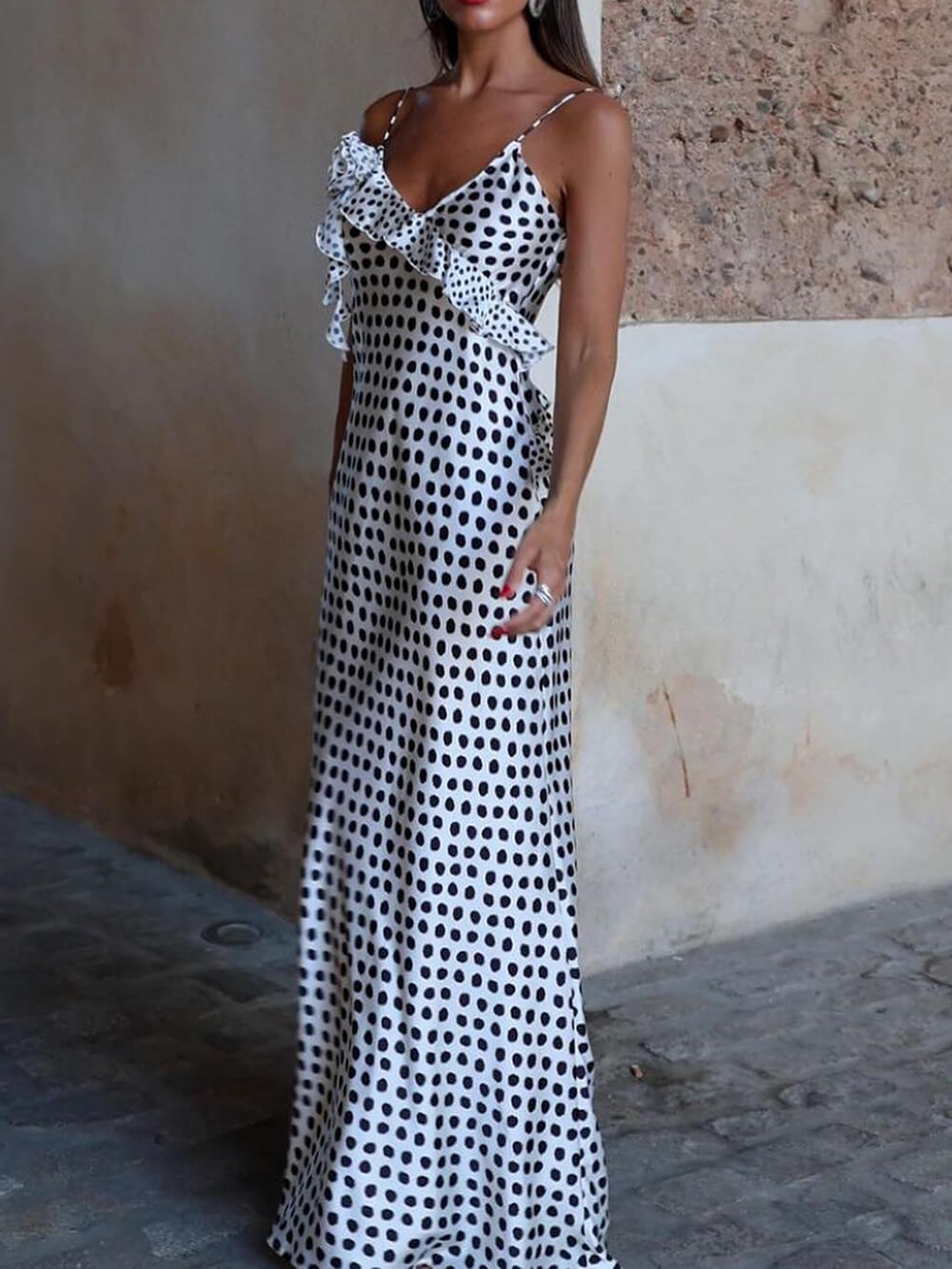 Polka Dot Print Fantasy Guipure Ruffled Suspender Maxi Dress Dresses