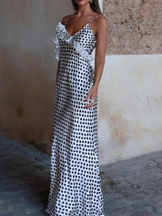 Polka Dot Print Fantasy Guipure Ruffled Suspender Maxi Dress Dresses