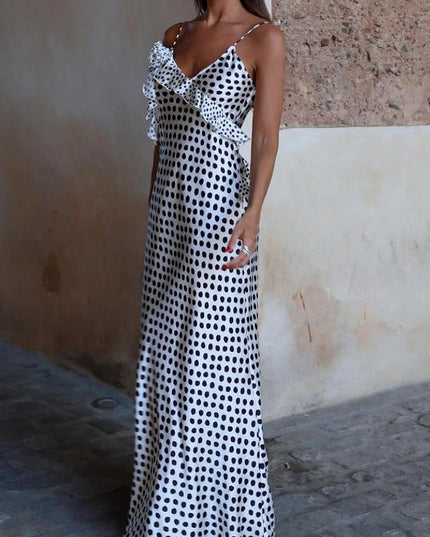 Polka Dot Print Fantasy Guipure Ruffled Suspender Maxi Dress Dresses