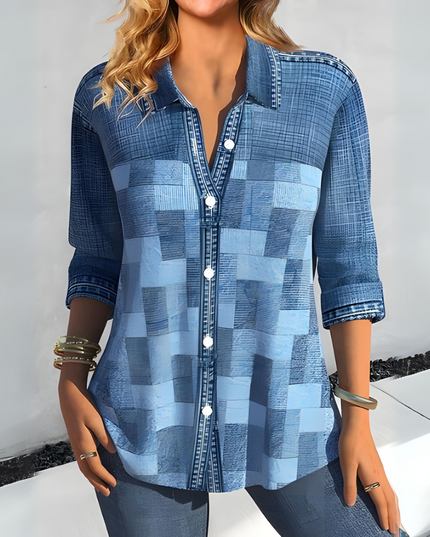 Aurora | Casual Checked Blouse Denim Blue Blouse