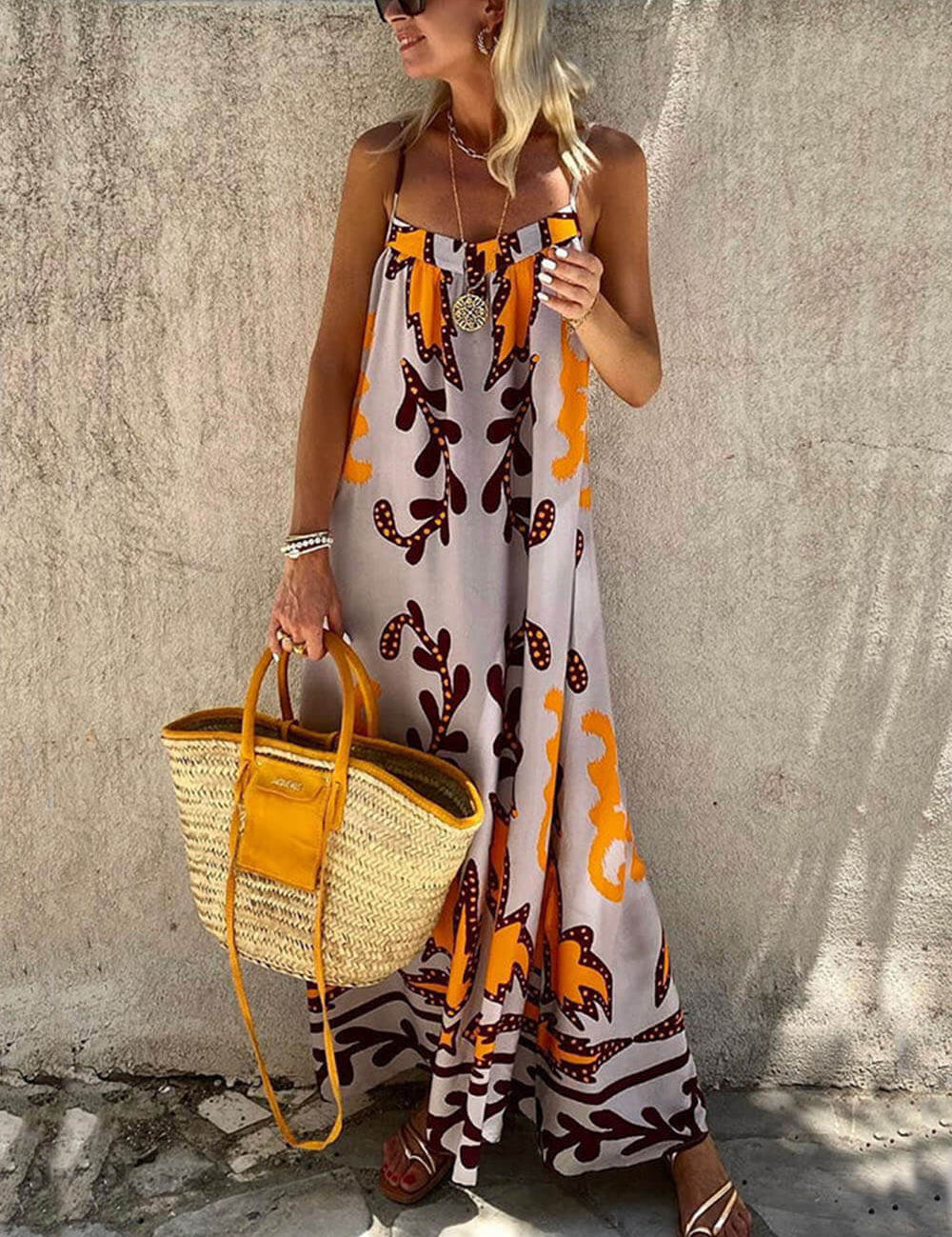 Loose Ethnic Printed Cami Maxi Dress Multicolor Dresses