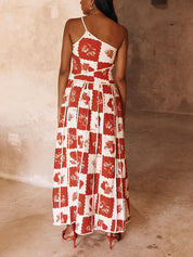 Unique Printed Floral Trim One Shoulder Flared Maxi Dress Dresses