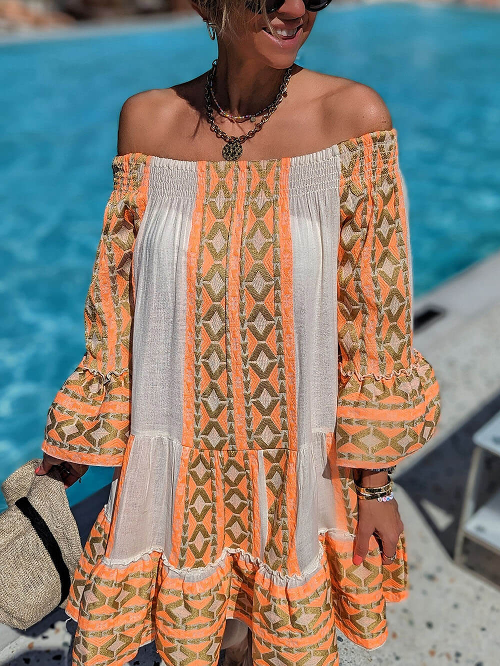 Ethnic Print Linen Blend Off Shoulder Loose Mini Dress Dresses