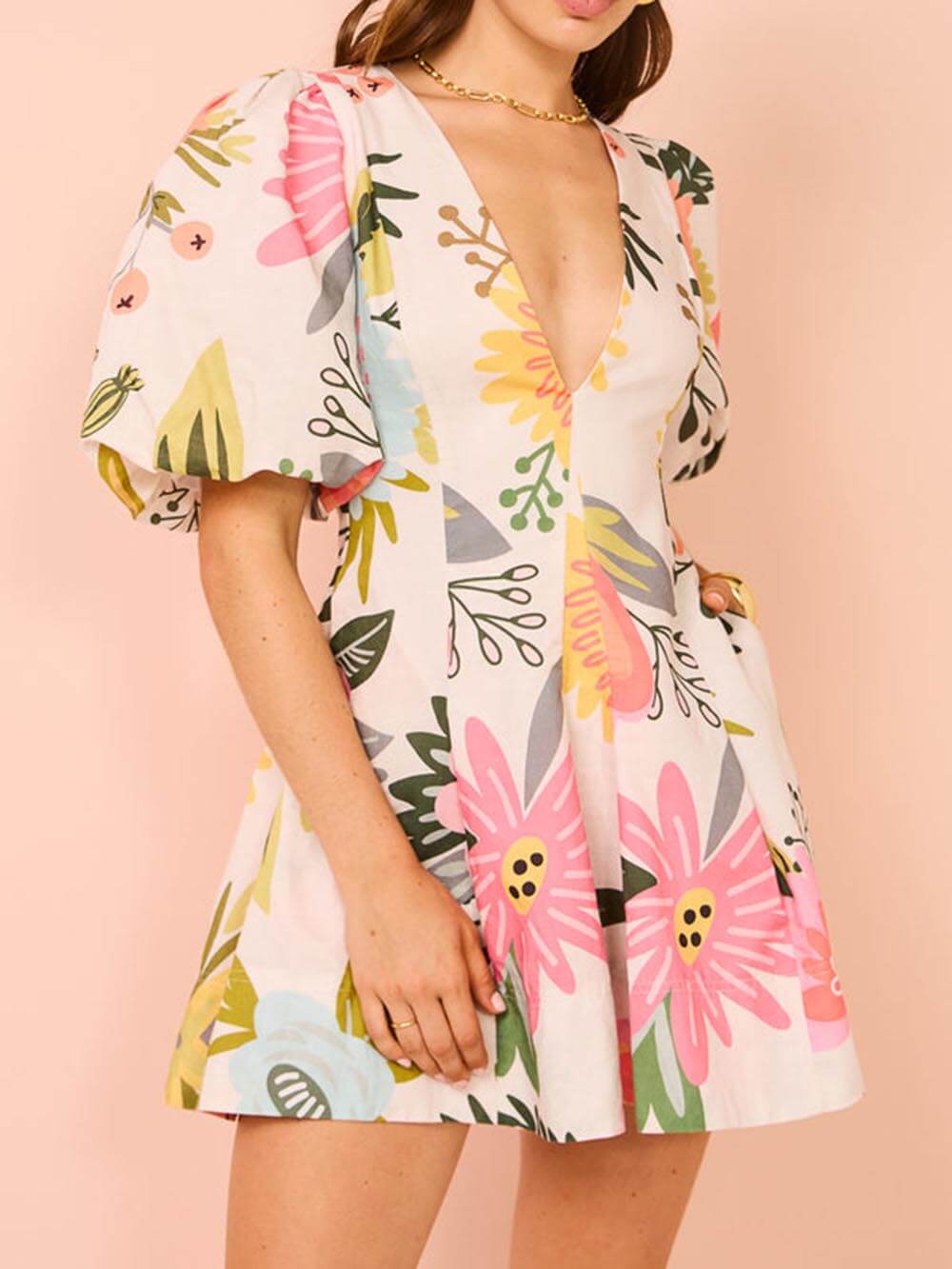 Puff Sleeve Floral Print Pocketed Mini Dress Dresses