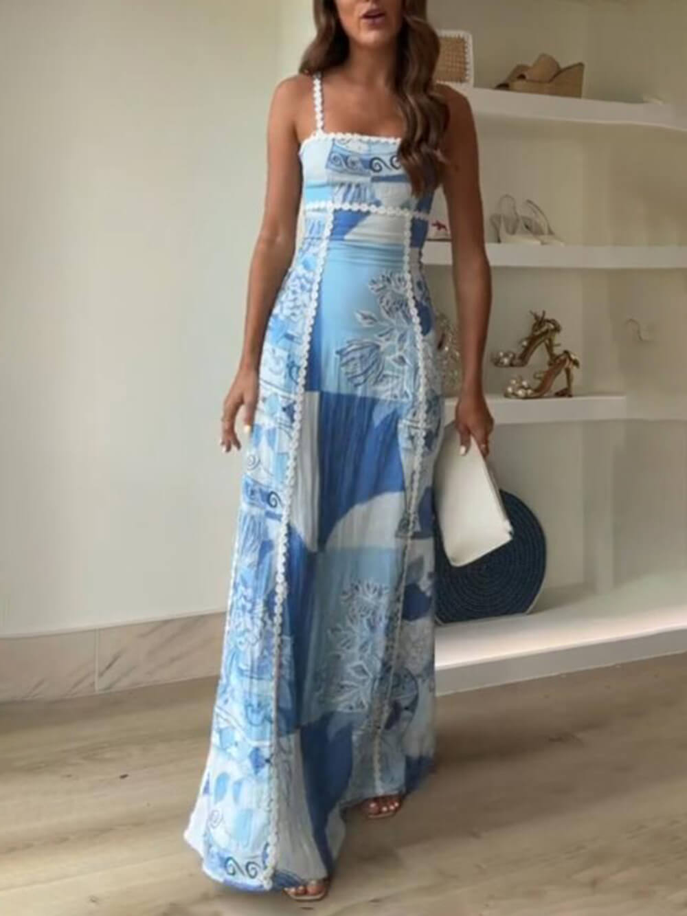 Halter Straps Lace Patchwork Printed Back Tie Halter Flare Maxi Dresses Dresses